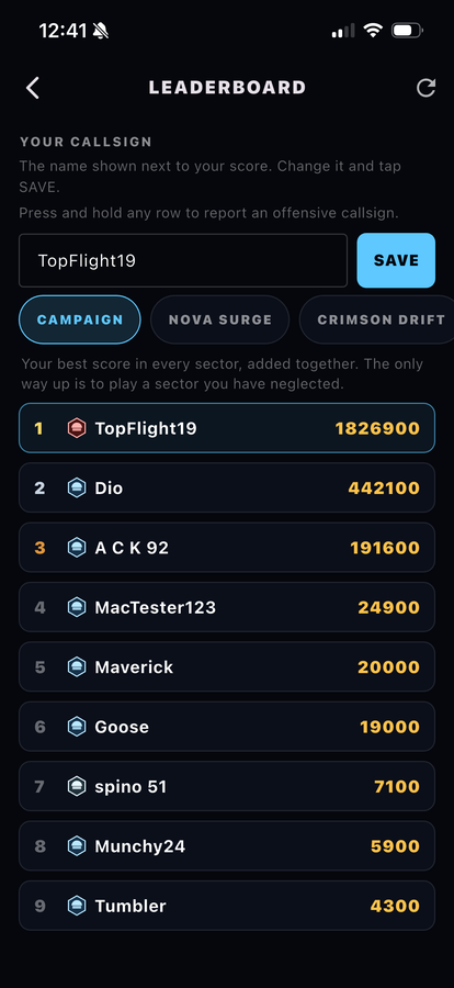 The leaderboard, showing the campaign total and a tab for each sector's own board.
